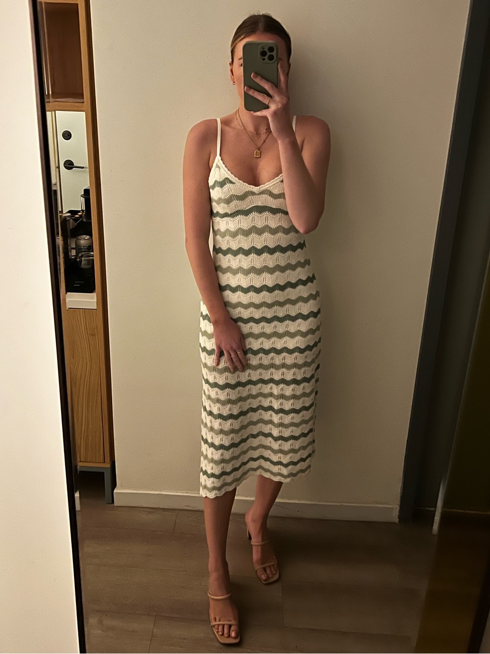 GREEN AND WHITE STRIPED CROCHET HOLLISTER MIDI DRESS
